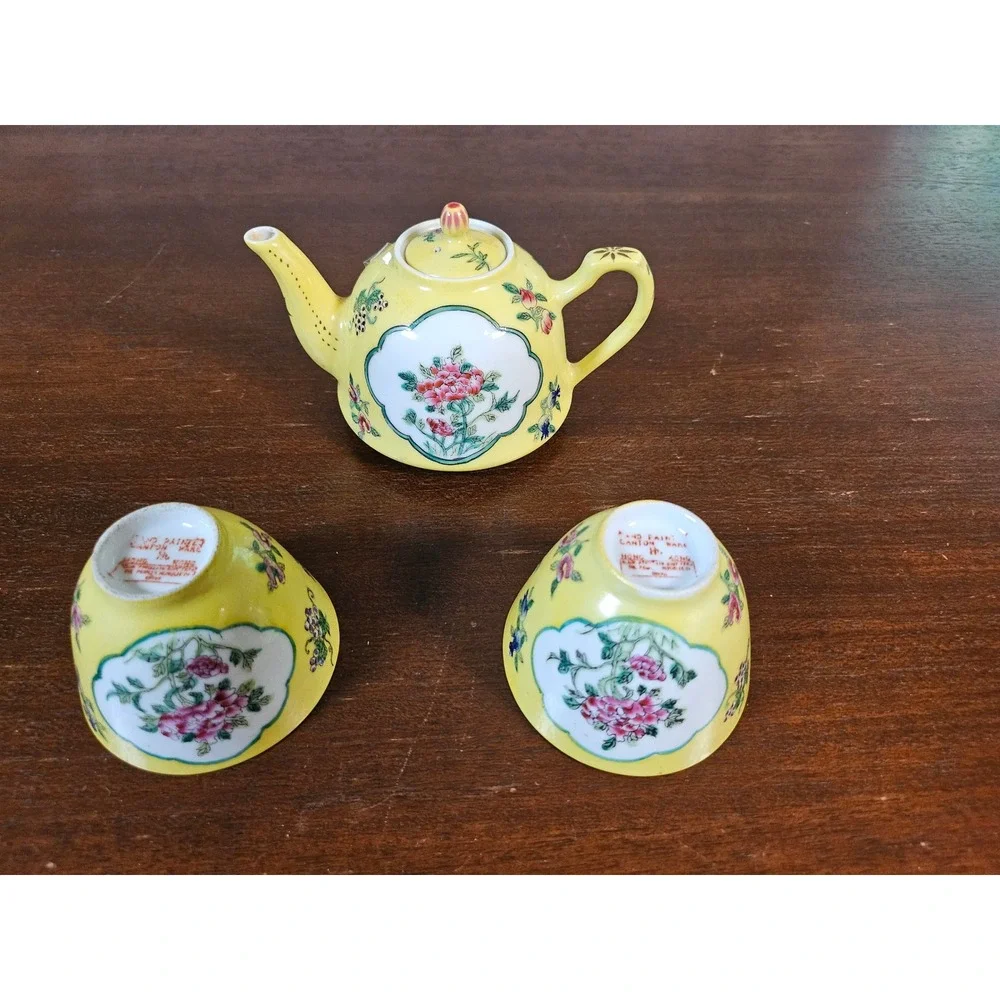 Hand Painted Canton Ware Tea Set Yellow Floral Porcelain 3pc Teapot Cup